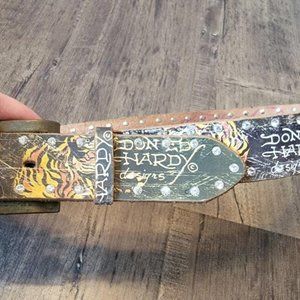 Ed Hardy Women's Leather Belt Studded Tiger Brass Belt Buckle